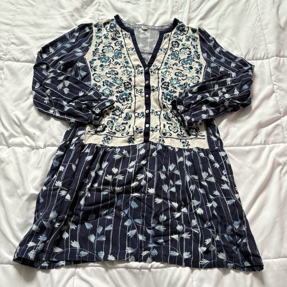 Anthropologie Womens Size Medium Semele Floral Shirt Dress Blue Boho Hippie